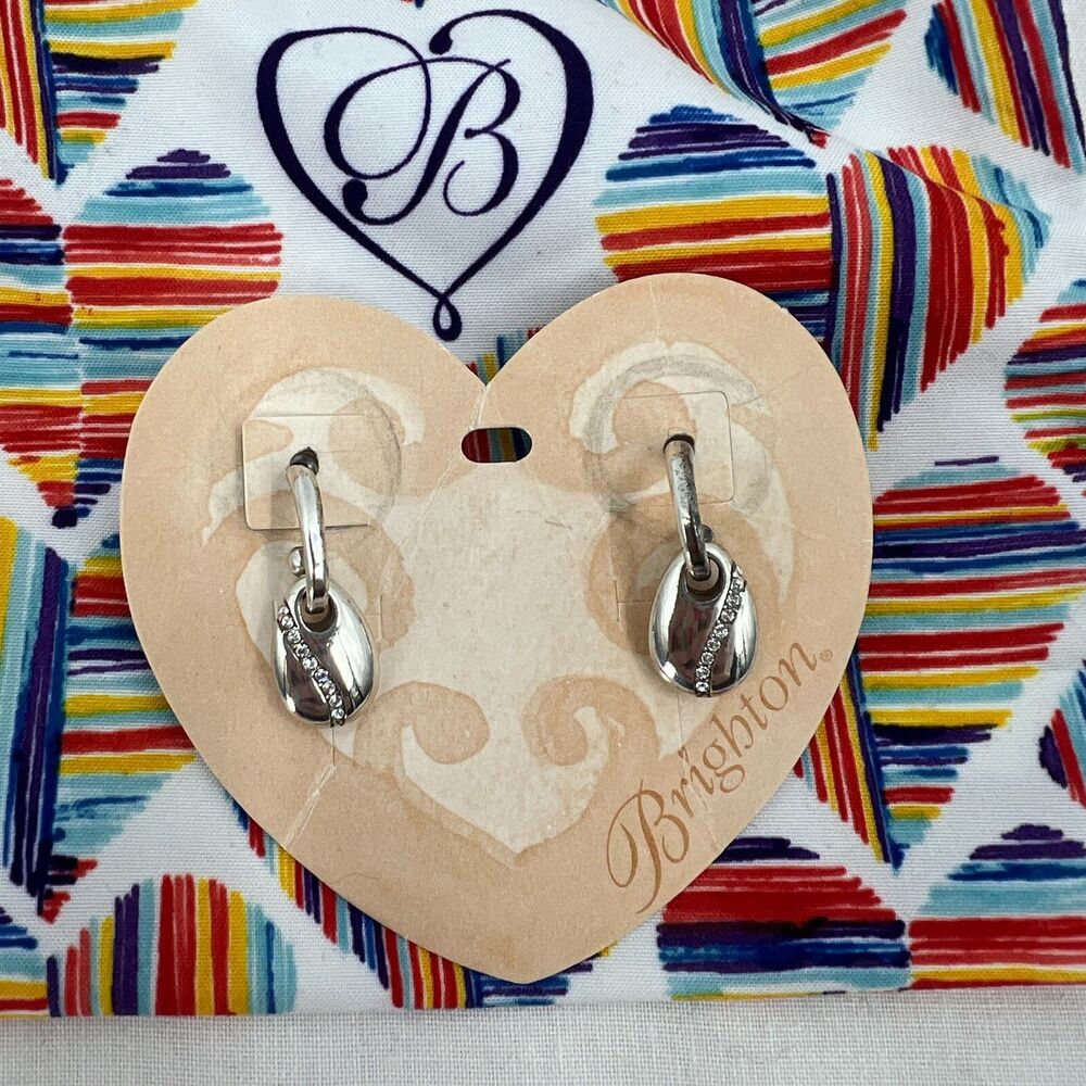 Brighton Silver Tone Crystal Oval Drop Huggie Hoop Earrings New on Card w/ Pouch